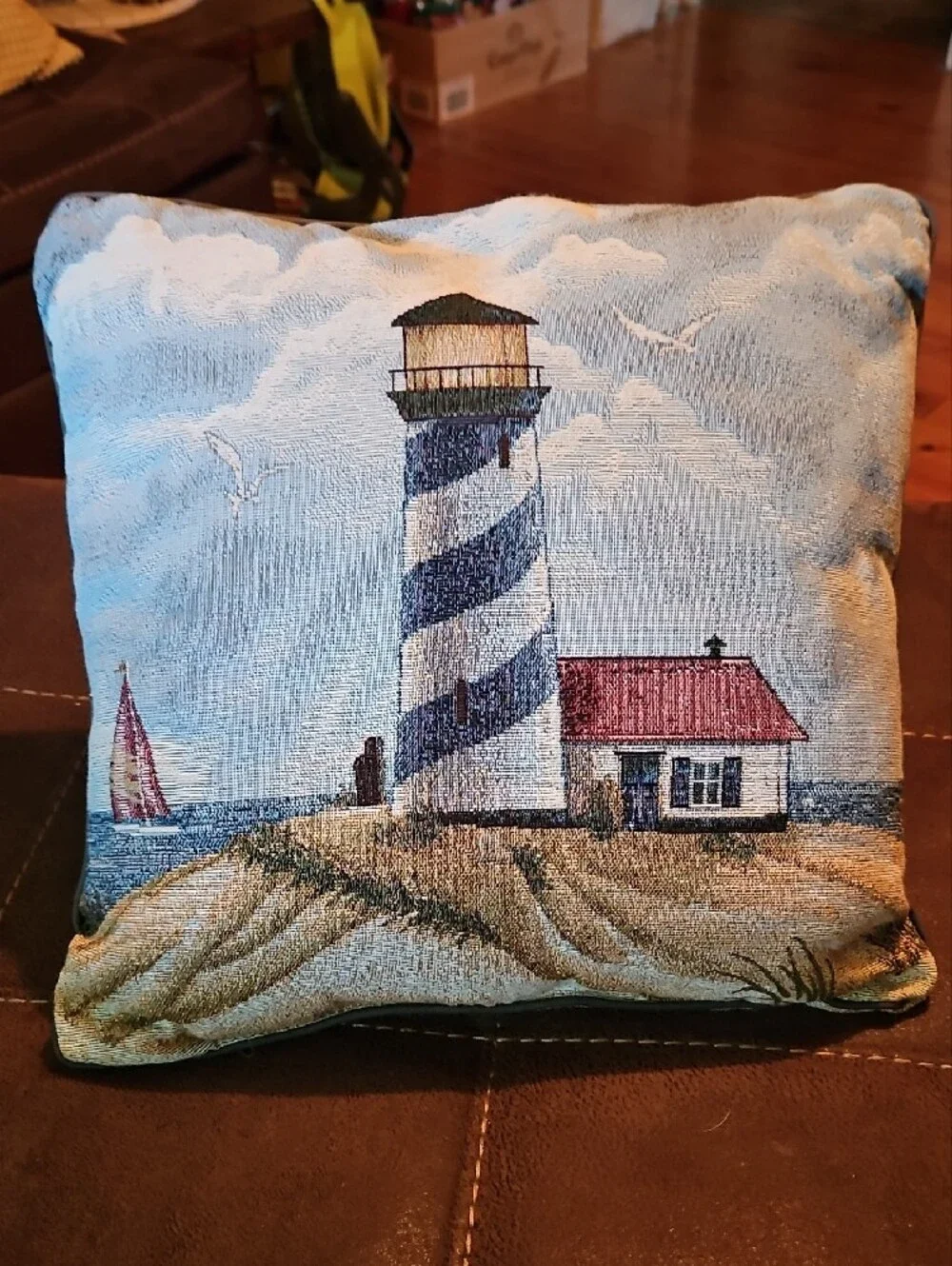 Nautical Lighthouse Decorative Throw Pillow - Blue & Red